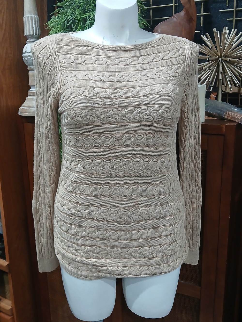 Ralph Lauren Beige Cable-Knit Scoop Neck Sweater